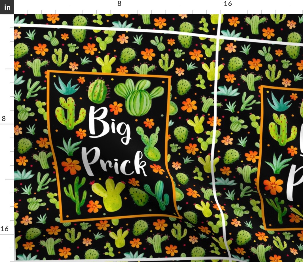 14x18 Panel Big Prick Sarcastic Cactus on Black for DIY Garden Flag Small Wall Hanging or Tea Towel