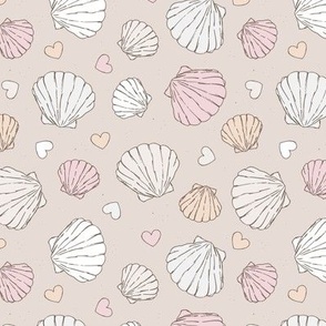 Love for shells - mermaid ocean theme with freehand shell and hearts illustrations pastel blush pink white on sand