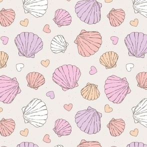 Love for shells - mermaid ocean theme with freehand shell and hearts illustrations pastel nineties lilac pink blush on sand