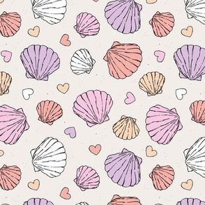 Love for shells - mermaid ocean theme with freehand shell and hearts illustrations nineties retro palette pink lilac coral