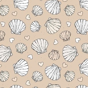 Love for shells - mermaid ocean theme with freehand shell and hearts illustrations pastel white sand tan neutral 
