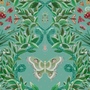 Maximal and quirky damask print of moths , snakes and greenery for wallpaper - large  scale .