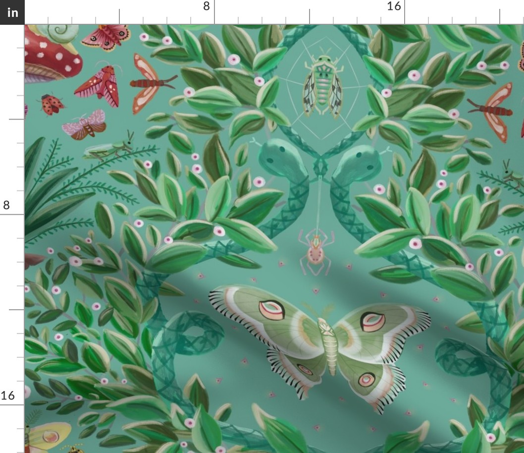 Maximal and quirky damask print of moths , snakes and greenery for wallpaper - large  scale .