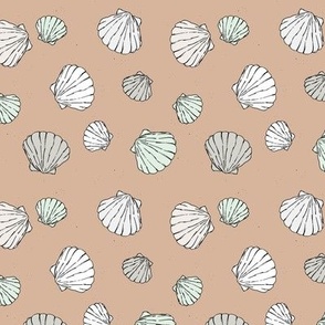 Minimalist freehand shell design - Scandinavian summer beach illustration theme mist green white on tan