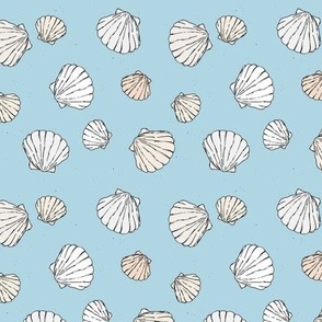 Minimalist freehand shell design - Scandinavian summer beach illustration theme mist green blush white on blue