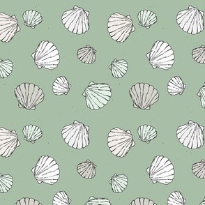 Minimalist freehand shell design - Scandinavian summer beach illustration theme mist green white on olive green