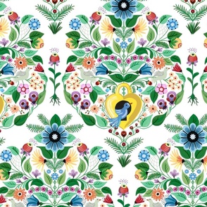 Colorful pattern of graphical floral damask with cute birds playing around on a spring day - mid size .