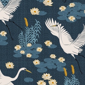(L) white herons in the lagoon - blue colorway on fabric #2a3d4b