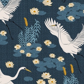 white herons in the lagoon large scale - blue colorway on fabric #2a3d4b