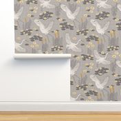 white herons in the lagoon - light neutral sand stone grey wallpaper and fabric #aea7a2