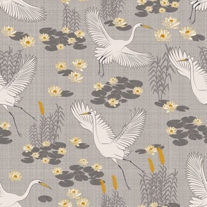 white herons in the lagoon - light neutral sand stone grey wallpaper and fabric #aea7a2