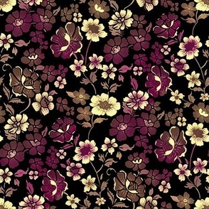 Oil Painted Floral Ditsy in Burgundy, Sepia, and Light Yellow on Black