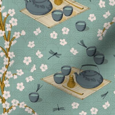 Tea ceremony - Tea room wallpaper & upholstery [medium scale 9-inch fabric, 12-inch wallpaper repeat]