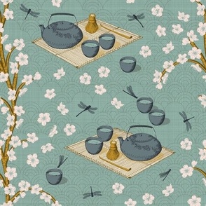 Tea ceremony - Tea room wallpaper & upholstery [medium scale 9-inch fabric, 12-inch wallpaper repeat]