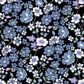 Oil Painted Lilac and Periwinkle Ditsy Floral on Black