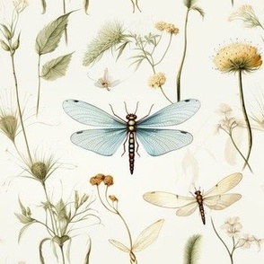 Vintage Blue and White Dragonflies and Wildflowers