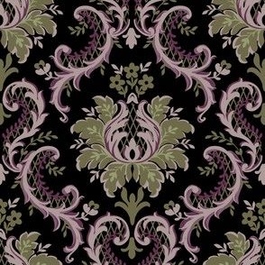 Intricate Victorian Floral Damask in Green and Regency Orchid on Black - Coordinate