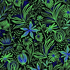 Neon Floral Line Art in Green and Blue on Black