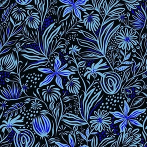 Neon Floral Line Art in Azure and Blue on Black