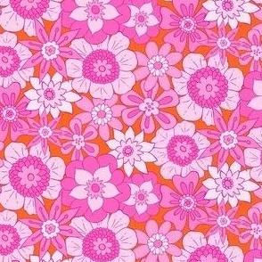 Pink Retro Mod Flowers - Ditsy Scale - Orange Background Groovy Boho vintage 60s 70s