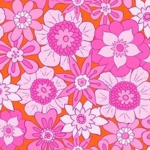 Pink Retro Mod Flowers - Small Scale - Orange Background Groovy Boho vintage 60s 70s