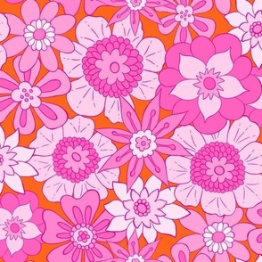 Pink Retro Mod Flowers - Medium Scale - Orange Background Groovy Boho vintage 60s 70s