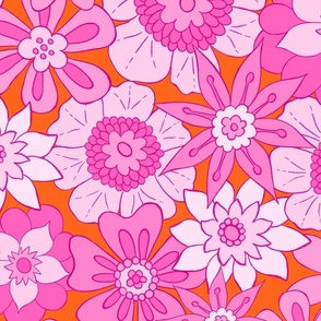 Pink Retro Mod Flowers - Large Scale - Orange Background Groovy Boho vintage 60s 70s