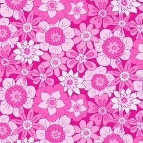 Retro Mod Flowers - Large Scale - Pink Background Groovy Boho vintage 60s 70s