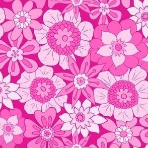 Retro Mod Flowers - Small Scale - Pink Background Groovy Boho vintage 60s 70s