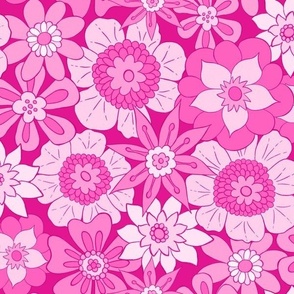 Retro Mod Flowers - Medium Scale - Pink Background Groovy Boho vintage 60s 70s