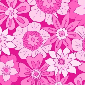Retro Mod Flowers - Large Scale - Pink Background Groovy Boho vintage 60s 70s