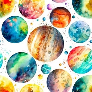 Watercolor Planets on White