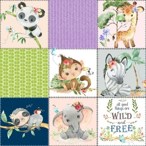 Cute Girls Safari Quilt F – Wild Animals Patchwork Blanket, Elephant Giraffe Zebra Sloth Tiger (pink, purple, green + navy)