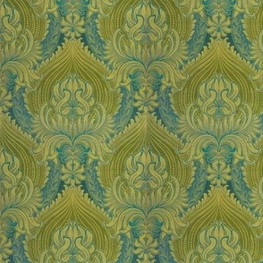 1870s Vintage Foliage Damask - in Teal and Grass Green