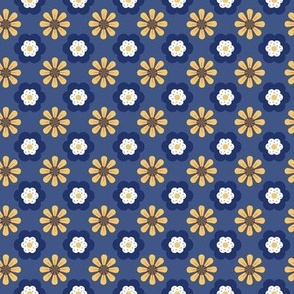 Retro Yellow and Blue Floral on Denim Blue Ground Horizontal Rows Non Directional