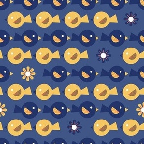 Chubby Navy and Yellow Birds and Flowers in Horizontal Rows on Denim Blue Small Scale