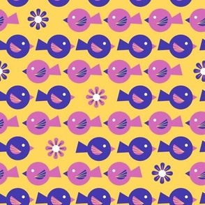 Chubby Fuchsia and Purple Birds and Flowers in Horizontal Rows on Cream Small Scale