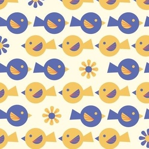 Chubby Purple and Yellow Birds and Flowers in Horizontal Rows on Cream Medium Scale