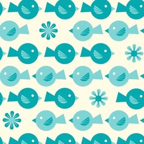 Chubby Teal Birds and Flowers in Horizontal Rows on Cream Medium Scale