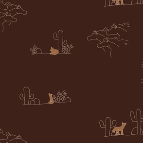 Coyotes Cactus and Wild Horses Dark Brown and Caramel- Large Print