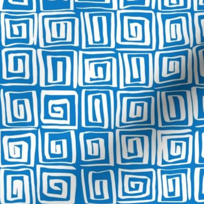 Hand Drawn Greek Key Square Spirals Motif, White on Bluebell Blue (Medium Scale)