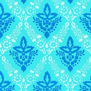 1865 "Chesterfield" Floral Damask Design - in Cyan and Azure Blue