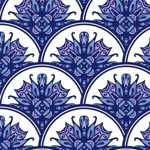 Scalloped Majolica Tile in Cobalt, Wedgewood Blue, and Digital Lavender on White