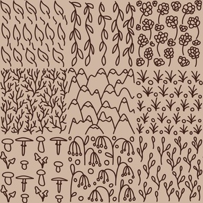 Beige tiles with natural objects: leaves, barries, branches of tree, mushrooms, mountains, grass, and flowers.