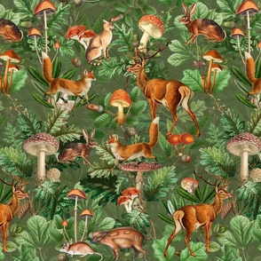 Antique Gothic Hand Painted Animal fairy tale in the magic forest - Green Psychedelic mushroom wallpaper