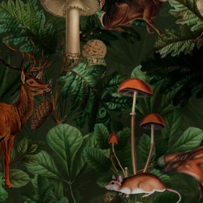 Antique Gothic Hand Painted Animal fairy tale in the magic forest - black Psychedelic mushroom wallpaper