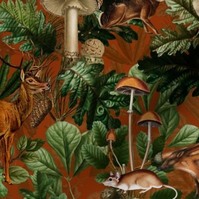 Antique Gothic Hand Painted Animal fairy tale in the magic forest - dark brown Psychedelic mushroom wallpaper