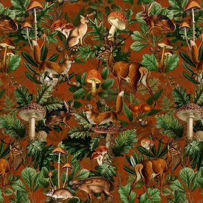 Antique Gothic Hand Painted Animal fairy tale in the magic forest - dark brown Psychedelic mushroom wallpaper