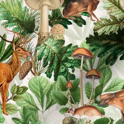 Antique Gothic Hand Painted Animal fairy tale in the magic forest - white Psychedelic mushroom wallpaper