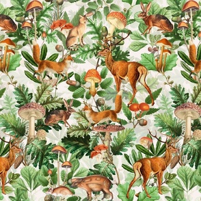 Antique Gothic Hand Painted Animal fairy tale in the magic forest - white Psychedelic mushroom wallpaper
